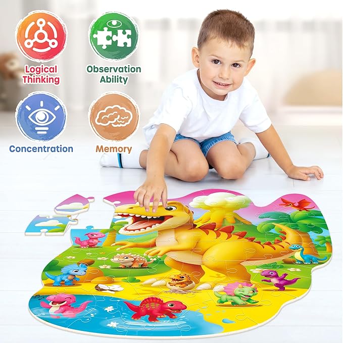 SYNARRY Dinosaur Floor Puzzles for Kids Ages 4-6, Large 45 Piece Floor Puzzles for Kids Ages 3-5, Puzzles for 4-8 Years Old, Dinosaur Toys Easter Basket Stuffers Gifts for 3 4 5 6 7 8 Year Old Boys