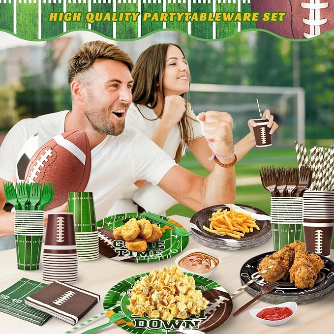 300 Pcs Football Plates and Napkins Tableware Sets (Serve 50), Football Party Supplies, Including Football Plates Napkins Forks Straws and Cups (Blending 2 Designs), Suitable for Game Day Party