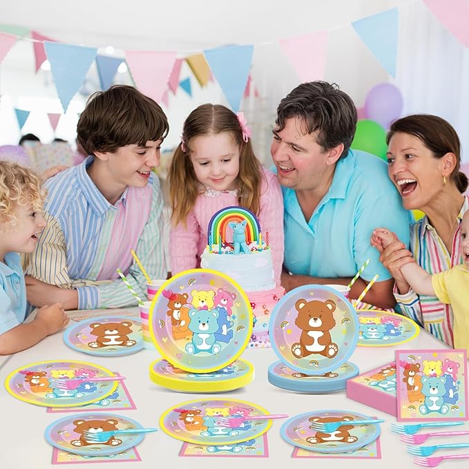 96Pcs Cute Bear Birthday Party Plates and Napkins Bear Rainbow Party Decorations Pastel Bears Theme Supplies Cute Bears Theme Paper Dessert Plates Tableware Set for Kids Boy Girl Baby Shower 24 Guests