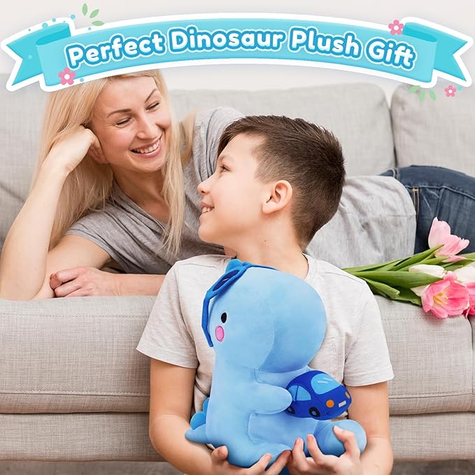 SQEQE Dinosaur Stuffed Animal, Cute Dinosaur Plush Toys with Car, Dino Plushies Anniversary Birthday Gift for Her Girls Boys Boyfriend Girlfriend(Blue,12 inch)