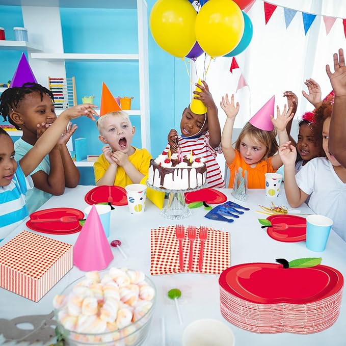 100 Pcs Apple Party Supplies Set, Serves 25 – Disposable Apple-Shaped Paper Plates, Red Gingham Napkins, and Forks, Fruit Themed Tableware for Teacher Appreciation, and Back to School Decorations