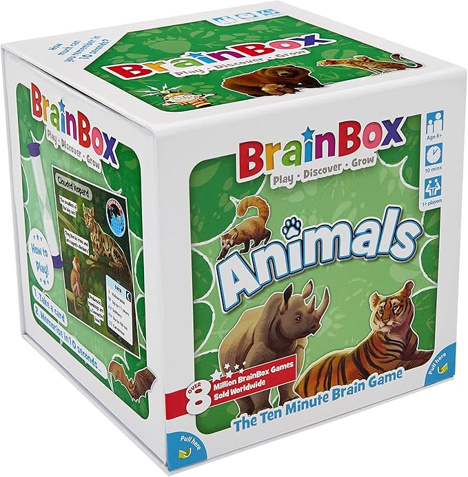 BrainBox Animals Card Game - Memory & Observation, 55 Detailed Scene Cards, Family-Friendly Trivia for Kids & Adults, Ages 8+, 1+ Players, 10 Min Playtime, Made by Green Board Games