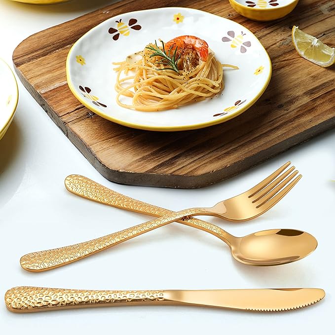 LIANYU 12-Piece Kids Gold Silverware Set, Stainless Steel Toddler Utensils, Hammered Metal Preschooler Flatware Cutlery Set, Children Tableware Includes Knives Forks Spoons, Dishwasher Safe