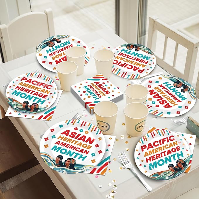 96Pcs AAPI Party Plates and Napkins for AAPI Heritage Month Supplies Asian American and Pacific Islander Themed Paper Dessert Plates Tableware Set for 24 Guests Celebration Festival Party Decorations
