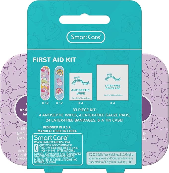 Smart Care Squishmallow First Aid Kit Travel Essentials with Antiseptic Wipes, Cute Bandage Variety Pack for Kids, Latex-Free Gauze Pads and Bandages in Tin Case, 33PC