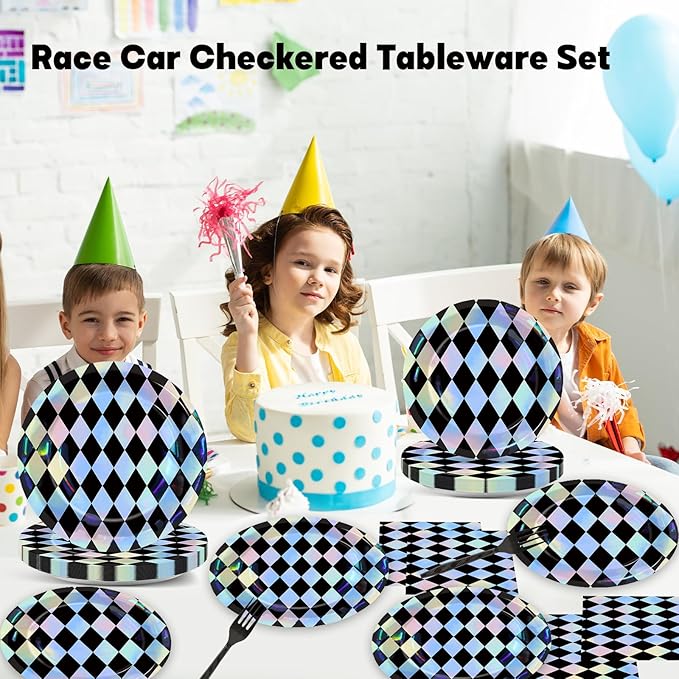 96Pcs Black and Iridescent Checkered Diamond Plates and Napkins for Iridescent Party Supplies Black Gingham Themed Paper Dessert Plates Race Car Tableware Set for 24 Guests Birthday Party Decorations