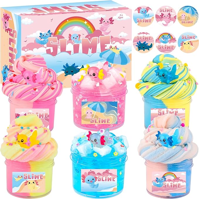 6 Pack Axolotl Slime Kit, Cloud, Butter & Clear, Christmas Slime Party Favors for Kids with Axolotl Charms, Soft and Stretchy, Slime for Girls & Boys, Classroom Rewards, Birthday Gifts