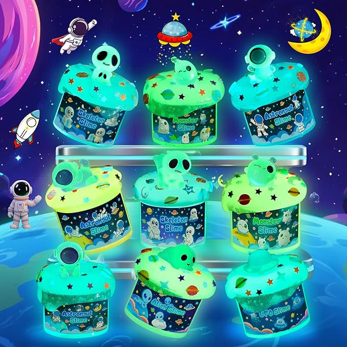 Galaxy Glow-in-The-Dark Slime Kit 9 Pack - Space Slime with Astronaut, Alien & UFO Charms, DIY Slimes Set Sensory Toys, Slimes Party Favors for Kids Gift