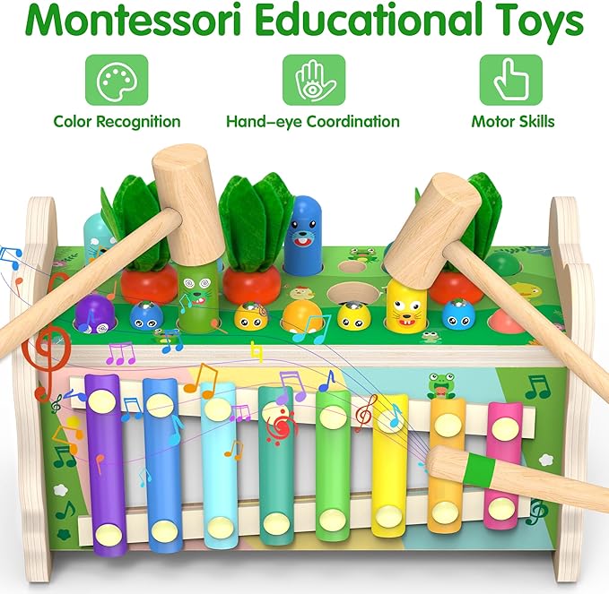 6-IN-1 Wooden Montessori Toys for 1 Year Old, Mole-Tapping Game | Play the Xylophone | Frog Clock | Carrot Harvest Game | Spinning Gear, Toddler Toys Aged 1-4, Baby Toy Gift for Early Learning