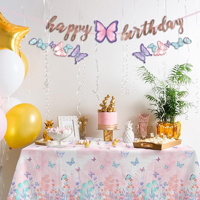 Butterfly Birthday Party Supplies Disposable Paper Plates Napkins Cups Tablecloth and Banner for Butterfly Girl Party Birthday Decorations, Serve 25