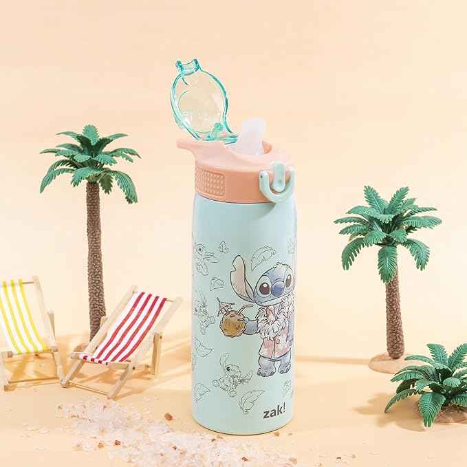 Zak Designs Disney Sage Kids Water Bottle For School or Travel, 19oz Stainless Steel Water Bottle With Straw, Handle, and Leak-Proof, Pop-Up Spout Cover (Stitch)
