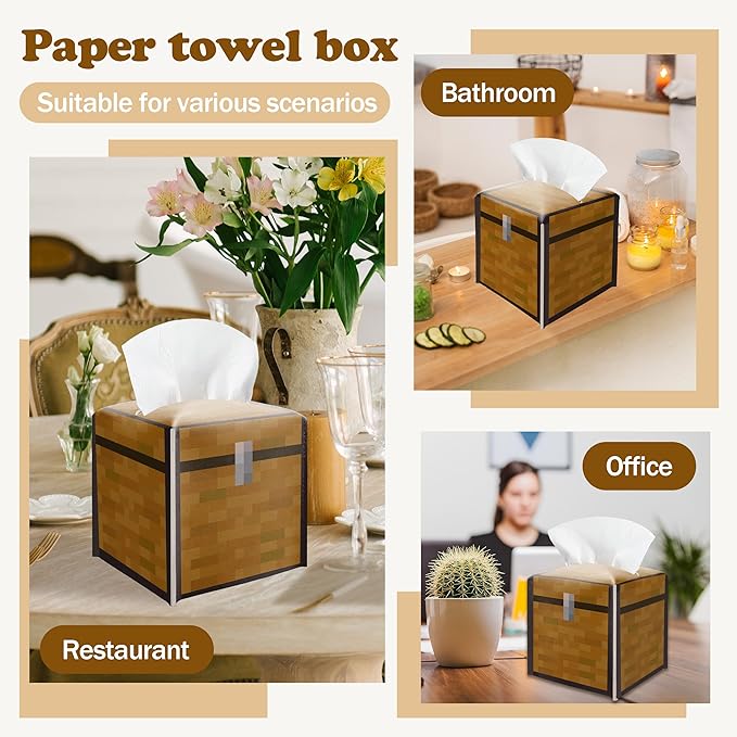 Tissue Box Cover Holder, Treasure Chest Pixel Leather Tissue Box Cover Square, Paper Napkins Everyday Dispenser for Bathroom Night Stands Kitchen Office Home Pixel Theme Decor