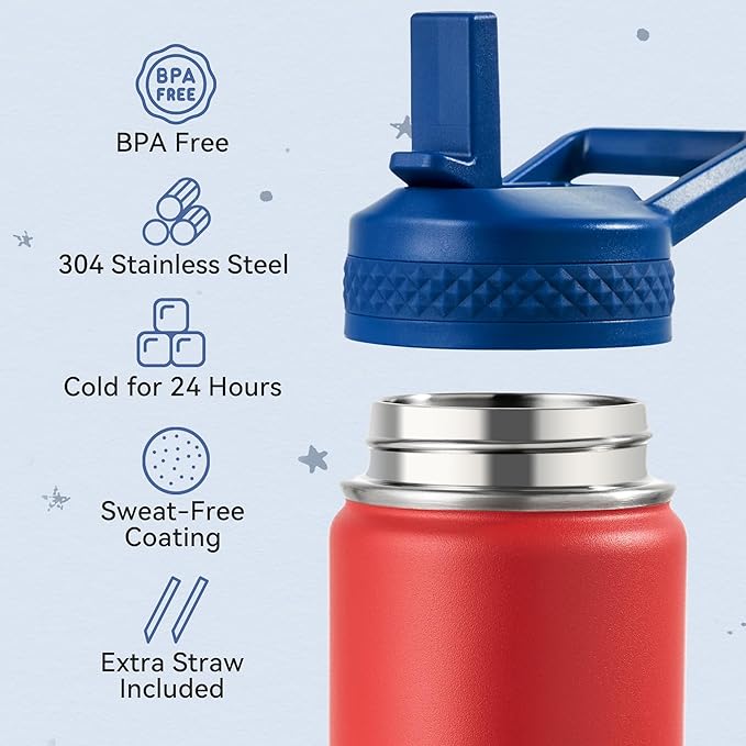 Fijinhom 12 oz Kids Water Bottle, Toddler Water Bottle with Straw, Boys&Girls Bottle for School, 304 Stainless Steel Vacuum Insulated Bottle for Kids, BPA-Free, Leak-Proof, Blue Red