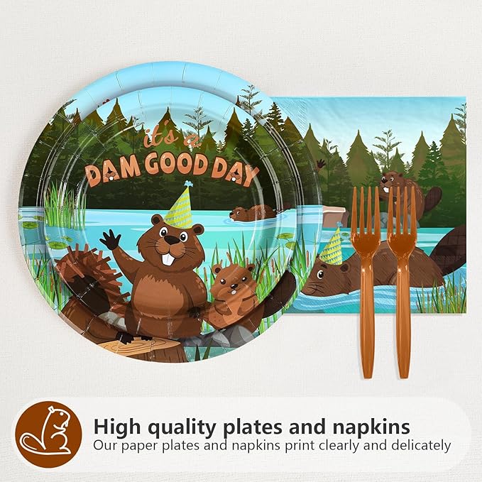 96Pcs Beaver Birthday Party Supplies Cute Cartoon Beaver Plates and Napkins Brown Wild Animal Disposable Tableware Sets for Kids Baby Shower Birthday Castor Jungle Animal Party Decorations, Serves 24