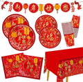 Chinese New Year Party Supplies Kit : Happy New Year Design Decorations Set with Disposable Plates, Napkins, Cups, Tablecloth, and Festive Banner - for Lunar New Year Celebrations Serves 25.