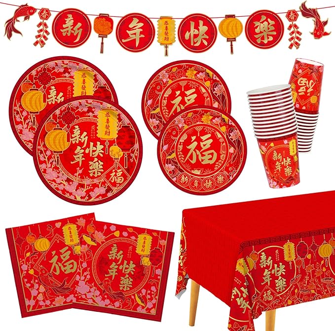 Chinese New Year Party Supplies Kit : Happy New Year Design Decorations Set with Disposable Plates, Napkins, Cups, Tablecloth, and Festive Banner - for Lunar New Year Celebrations Serves 25.