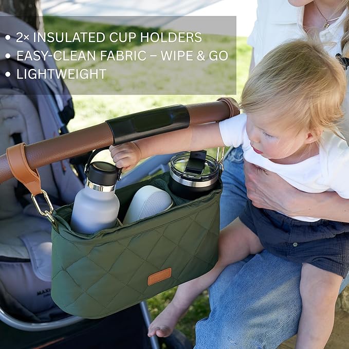 Beautiful Stroller Caddy Organizer With 2 Cup Holders – Luxury Stroller Bag, Universal Fit, Leather Straps & Zipper Pocket – Spacious Accessories Perfectly Fits Doona, Nuna & Uppababy Strollers