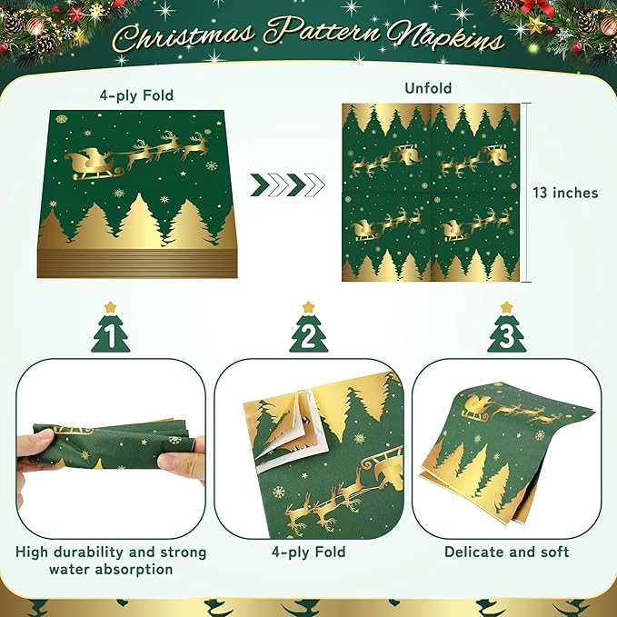 72PCS Christmas Plates and Napkins for Party Decorations, Set of 24 Merry Christmas Disposable Tableware Supplies, Green Gold Christma Tree Paper Plates for Xmas Party