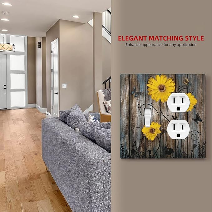 Rustic Barn Sunflower Wooden Daisy Flower Plank Wallplates 1 Toggle 1 Duplex Switch Plate Electrical GFCI Faceplate Decorative Light Switch Covers for Farmhouse Home Decor