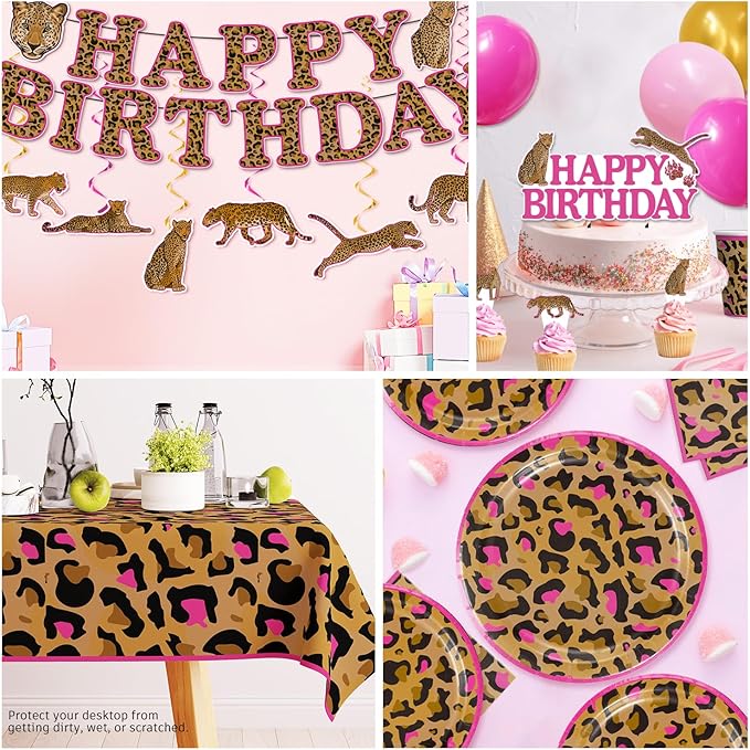 cocomigo 193pcs Cheetah Birthday Decorations Tableware Set, Serves 25 Guests, Cheetah Print Birthday Decorations includes 300 gsm Plates, Balloons, Tablecloths, for Leopard Theme Party Supplies