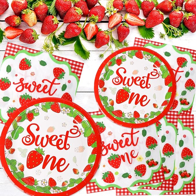 Strawberry Birthday Decorations, 75 Pcs Disposable Fruit Paper Plates and Napkins Tableware Set Party Supplies for Girl Sweet One Baby Shower Berry First Strawberry Themed Birthday Decor, Serves 25