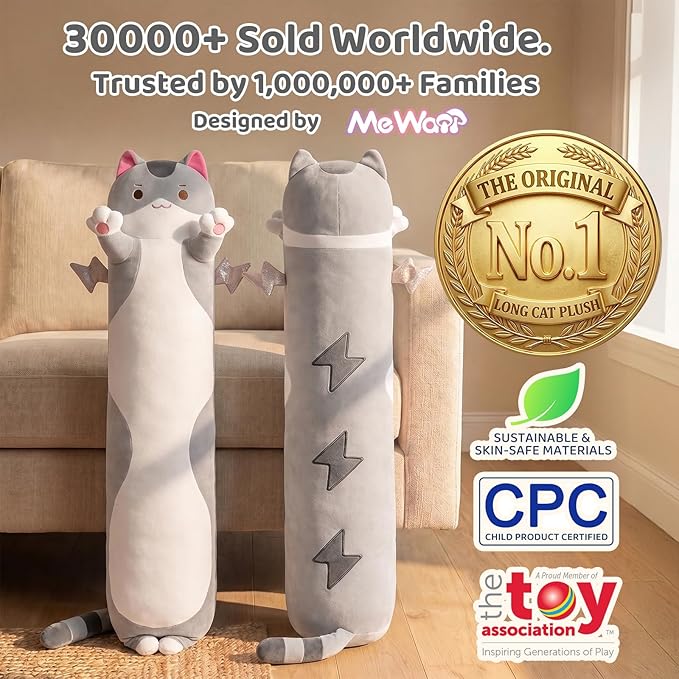 Mewaii Long Cat Plush 5 Sizes, 120% Extra Filling Giant Plushness Kids Body Pillow, Kawaii Cute Grey Cat Stuffed Animals Plushies, Big Long Body Pillow Cat Plush Gift for Girls 36”