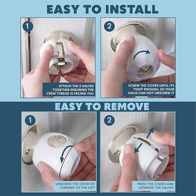 Todays Kids Baby Proofing Door Knob Covers 4 Pack - Easy to Install Child Safety Locks for Doors, Durable & Reusable Child Proof Door Lock, Dual-Lock & Versatile Design, Fits Round Doorknobs, White