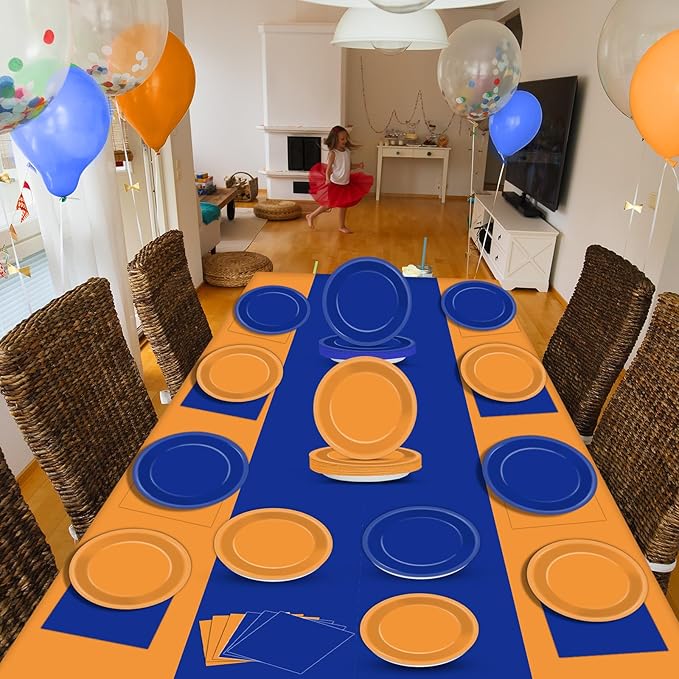 Blue and Orange Party Supplies Serves 24 Orange and Blue Decorations Party Paper Plates and Napkins Plastic War Birthday Tablecloth Dart Disposable Tableware Set for Baby Shower Graduation