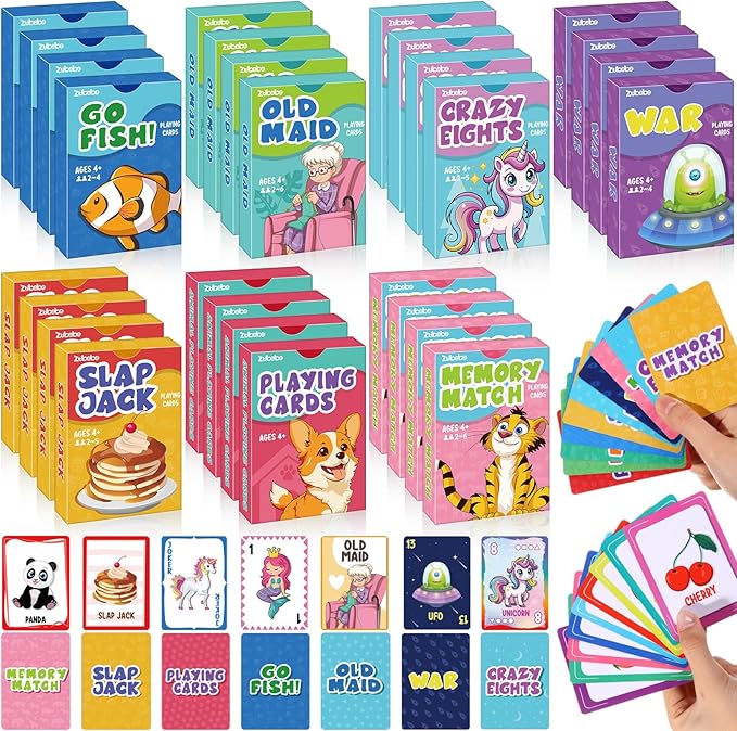 Zubebe 28 Pack Kids Card Games Gifts Bulk Classic Playing Card Game Set for Kids Includes Go Fish, Old Maid, Crazy Eights, Memory Match, Slap Jack, Playing Toy for Party Favors (Classic)