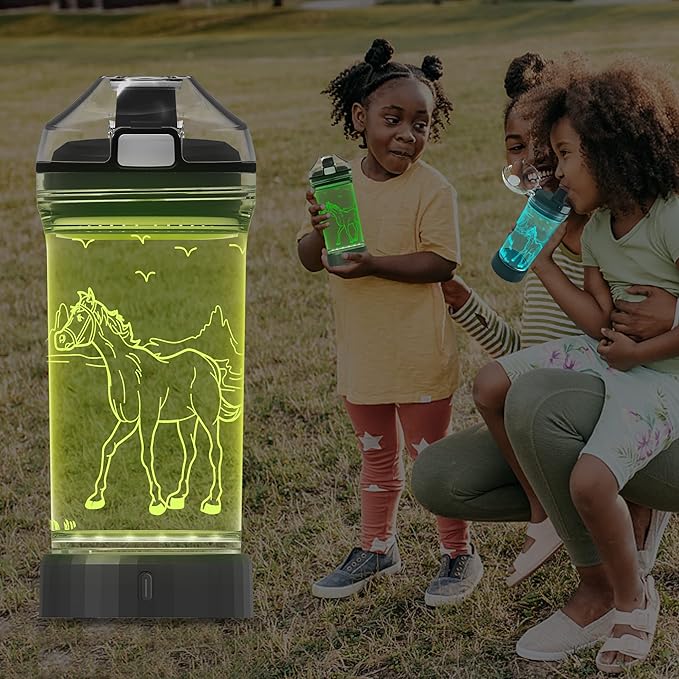 YuanDian Light Up Kids Water Bottle with 3D Horse Design- 14 OZ Tritan BPA Free - Cool Drinking Cups Gift for School Kindergarten Boys and Girls