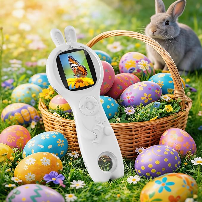Children's Handheld Electronic Magnifying Glass, White Rabbit-Shaped Science Educational Microscope Kit, STEM Educational Toy for Kids Ages 5–10 Birthday Gift for Boys & Girls