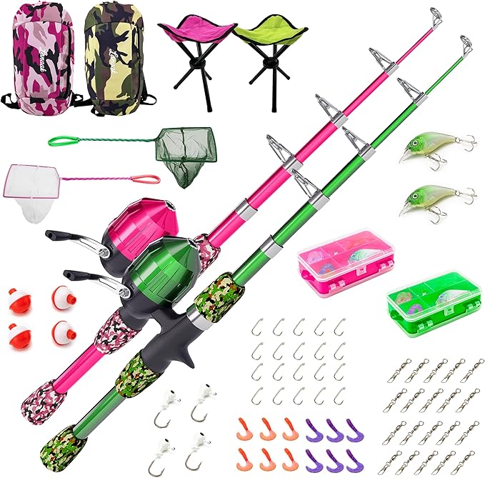 Lanaak Kids Fishing Pole, Kids Portable Telescopic Fishing Rod Set, Tackle Box and Fishing Net Combo Kit, Kids Fishing Gear for Boys and Girls Age 5-10 and Youth