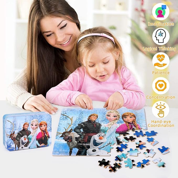 LELEMON Puzzles for Kids Ages 4-6,100 Piece Puzzles for Kids Ages 4-8 in a Metal Box,Educational Jigsaw Puzzles in a Metal Box,100 Piece Puzzle Games Puzzle Toys for Girls and Boys