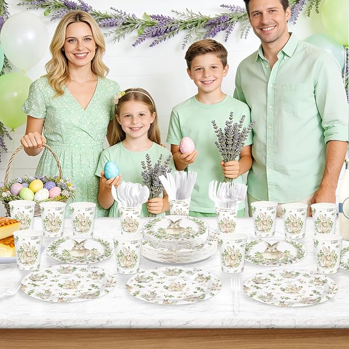 168Pcs Bunny Rabbit Paper Plates and Napkins Disposable Spring Bunny Rabbit Party Plates Rabbits Sage Green Tableware Set for Girls Boys Spring Sage Green Holiday Birthday Party Supplies Serves 24