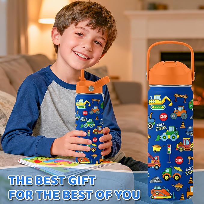 Construction Gifts for Men & Women - 18 Oz Water Bottle with Straw Lid, Stainless Steel Insulated Bottle, Leak Proof, BPA-Free, for Boys, Travel - Truck Lovers Teen Birthday Gifts Cups(1pc)