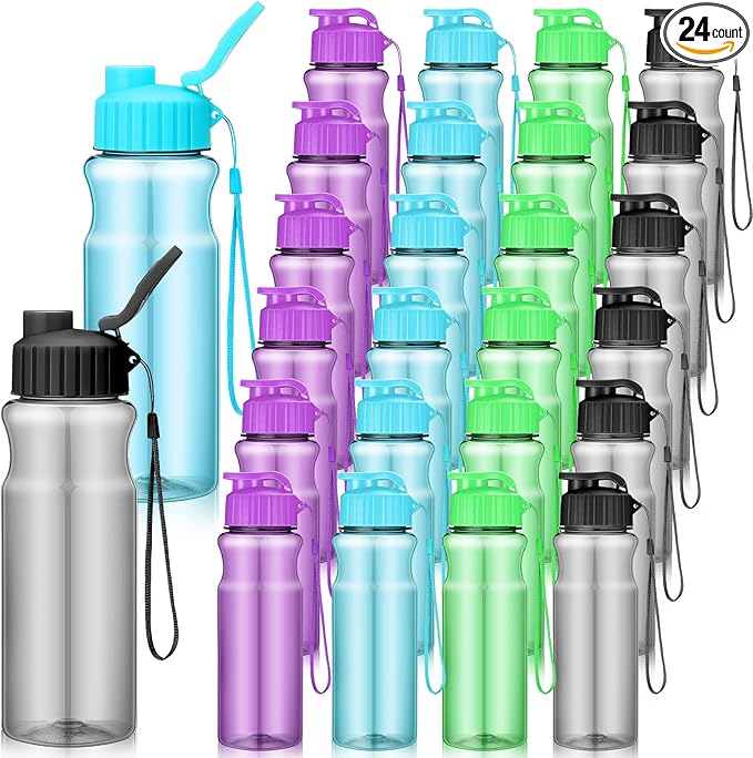 Ziliny 24 Pcs 17 oz Plastic Water Bottles Bulk Large Reusable Leak Proof Flip Top Sports Gym Water Bottles with Handle Strap for Kids and Adults for Summer School Travel
