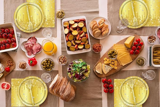 72 Pcs Gold Glitter Paper Plates 7in Disposable Paper Dessert Plates Napkins and Forks Party Tableware Set Happy Birthday Table Decorations for 24 Guests Gold Birthday Anniversary Wedding Theme Party