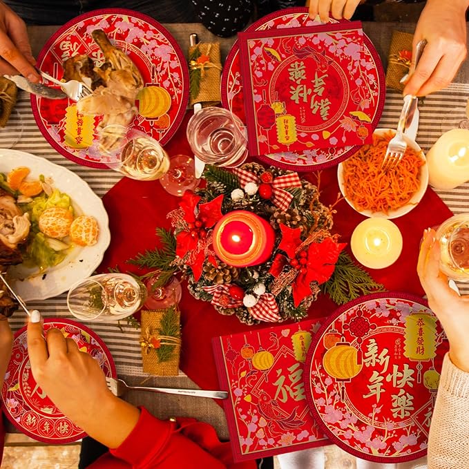 Chinese New Year Party Supplies Kit : Happy New Year Design Decorations Set with Disposable Plates, Napkins, Cups, Tablecloth, and Festive Banner - for Lunar New Year Celebrations Serves 25.