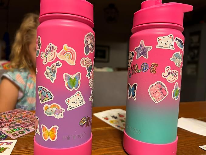 Mininoo Girls Water Bottle for School, 16oz Stainless Steel Insulated Metal Water Bottle with Straw Lid for Boys (Punch/Purple)