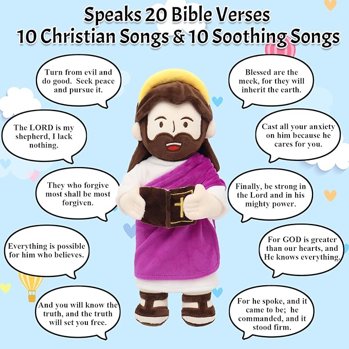 Yelakey Jesus Plush Talking Doll with Halo,Speak 20 Bible Verses & 20 Songs,13.4" Interactive Hymn Stuffed Plushie Perfect Religious Gift for Kids Sunday School & Easter Celebrations(Purple)
