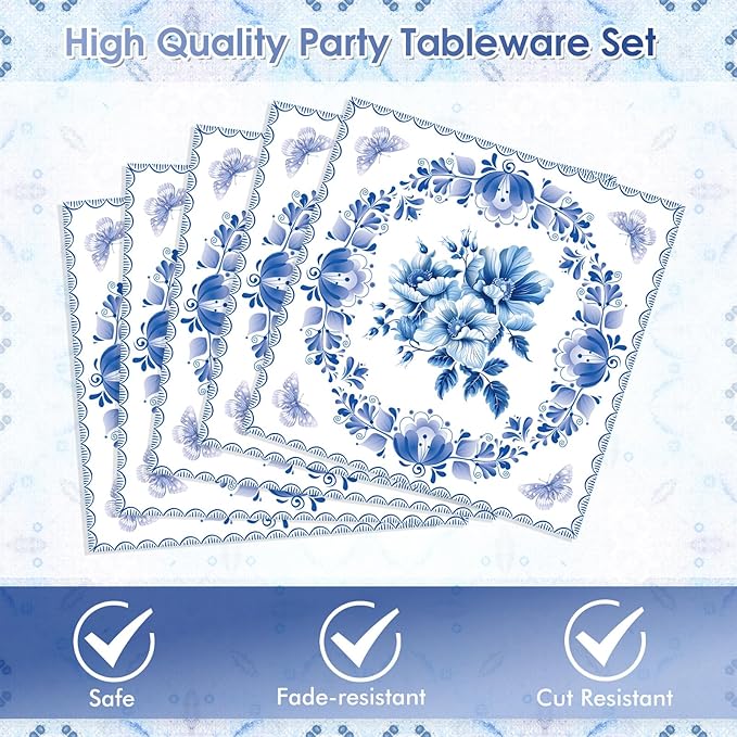 40 PCS Floral Birthday Decorations Blue and White Flower Theme Disposable Tableware Blue Plates and Napkins Party Supplies for Wedding Baby Shower Bridal Shower Holiday Birthday Party Supplies