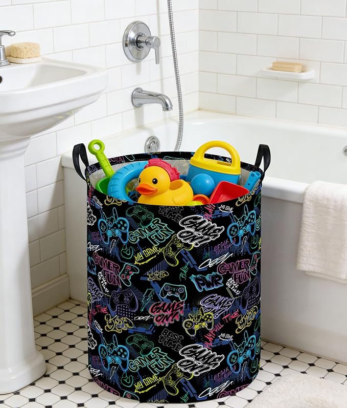 Kids Laundry Basket Boys Laundry Hamper Kids Collapsible Canvas Waterproof Storage Bin for Boys Baby Nursery Hamper Gift Baskets for Bedroom(Cool games)
