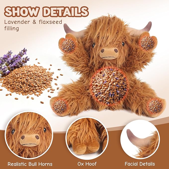 Highland Cow Stuffed Animals, Microwavable & Weighted Stuffed Animal, Highland Cow Plush for Warmth Comfort, Heatable Coolable Lavender Scent Toy, Cute Soft Plushies Gifts for Kids Boy Girl and Adults