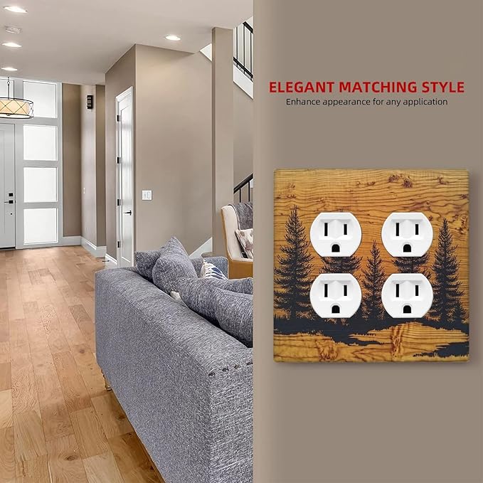 Outlet Covers Forest Pine Silhouette Rustic Wood Grain 2 Gang Double Duplex Decorative Light Switch Covers Electrical Wallplates Socket Faceplate For Farmhouse Cabin Decor