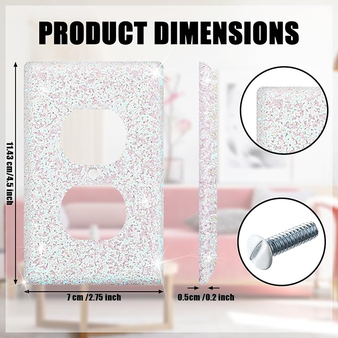 Yexiya 4 Pcs Pink Glitter Light Switch Covers Preppy Room Decor, Cute Pink Bling Outlet Wall Plate Covers for Nursery Women Teens Princess Theme Room Decor(White)