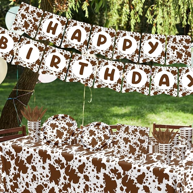 Highland Cow Decorations, 142Pcs Cow Print Plates and Napkins Party Supplies, Brown Cow Birthday Party Decorations Tableware Cups Tablecloth for Cow Baby Shower Farm Cowboy Theme Party