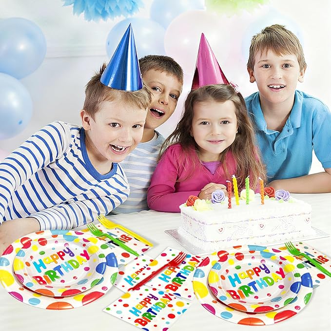 100 PCS Happy Birthday Paper Plates Napkins and Forks Set Serve 25, 9 Inches and 7 Inches Colorful Polka Dots Cake Dessert Plates Disposable Dinnerware Tableware Decor for Dinner Bday Party Supplies