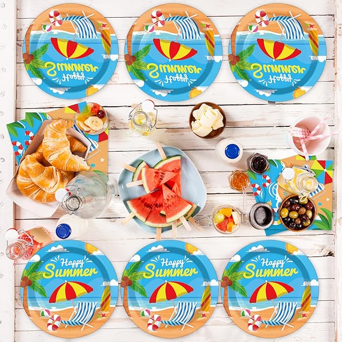 Summer Party Supplies Serves 24 Beach Luau Party Paper Plates Napkins Hawaiian Tablecloth Set Tableware Kit for Pool Party Birthday Tropical Dinner