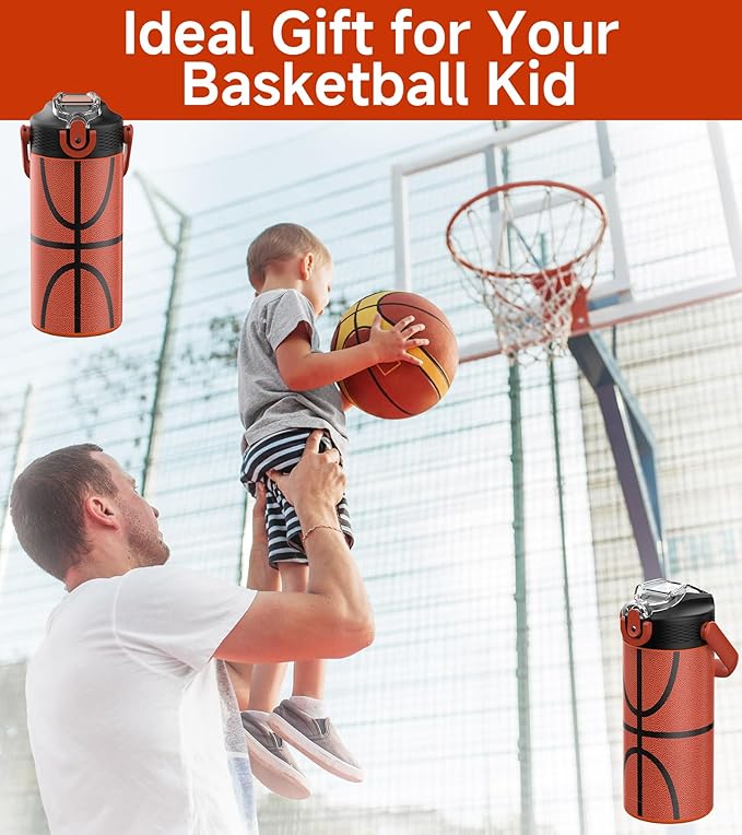 MYFOREST 14oz/400ml Insulated Kids Water Bottle, Odor-Free Surgical Grade Liner, Dishwasher-Safe, Name Spot, Soft Sipper, Gift for Sports Fan (Basketball)