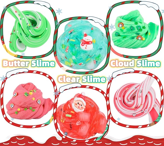 6 Pack Christmas Slime Kit, with 2 Butter Slime and 2 Cloud Slime and 2 Jelly Cube Crunchy Slime, Soft & Stretchy, Birthday Gifts for Kids, Christmas Party Favors for Girls and Boys